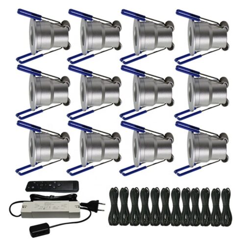 LED Inbouwspots Veranda 12x – Dimbaar & Waterdicht IP65 – 3W 12V Warm Wit 2700K – Zilver – Complete Plug & Play Set met Afstandsbediening