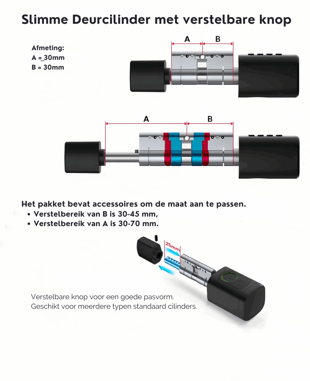 Slimme Deurslot Cilinder – Vingerafdruk, Pincode, Druppel, Sleutel & App - Tuya & Smart Life - Afbeelding 6