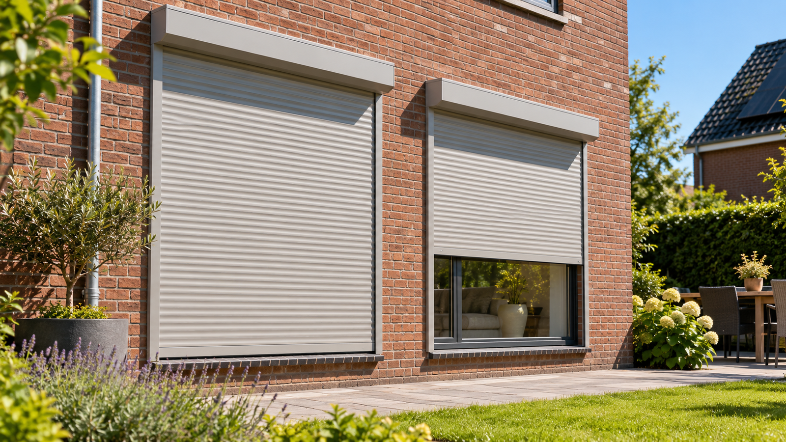 Woning met neergelaten buitenrolluiken op een zonnige dag